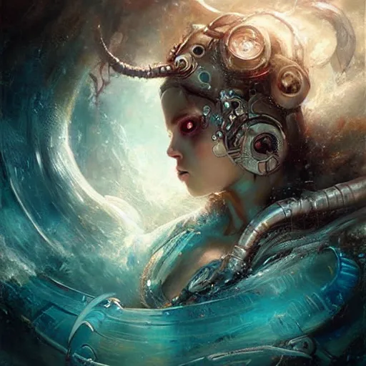 Image similar to stunning portrait of unborn baby argonaut Orpheus charming Mediterranean sea creatures, painting by Raymond Swanland, cyberpunk, sci-fi cybernetic implants hq