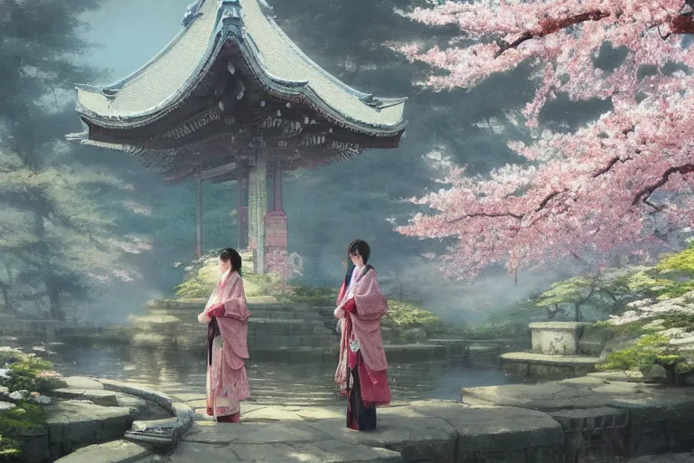 Prompt: a beautiful picture of sakura blooming in the shrine, two girls in kimonos, by greg rutkowski and thomas kinkade, trending on artstation