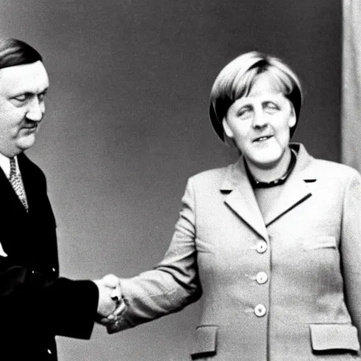 Image similar to chanceler merkel and hitler shaking hands with a mushroom cloud in the background, press photo