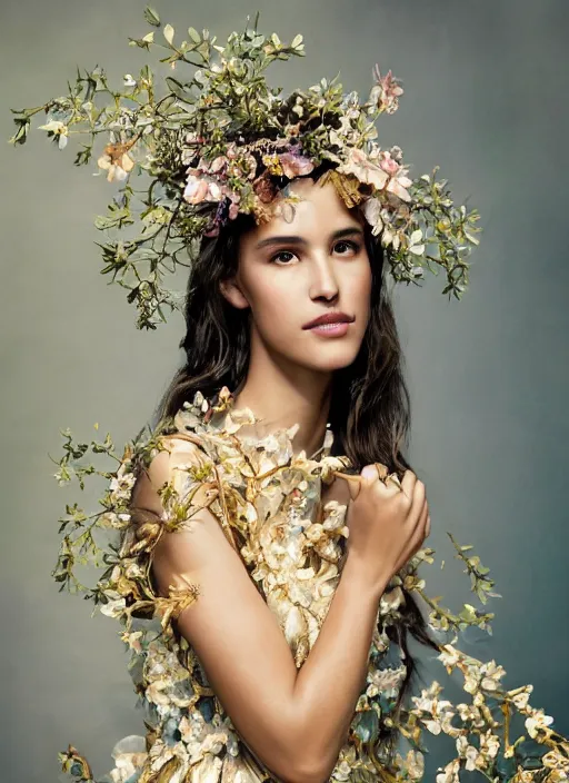 Prompt: oil on canvas portrait of Adria Arjona as an ethereal beauty with an abundant orchid floral crown, royal dress made of intricate golden and silver geometrical patterns, zenithal lighting, photo studio composition, by Alina Ivanchenko and Hirothropologie and Patrick DeMarchelier .
