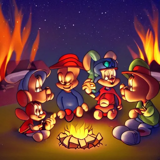 Prompt: tiny toons in real life sitting around a campfire telling stories, photographic, 3D, UE5, photorealistic, ultrarealistic, hyper realistic, drum scanner, dark vignette, burning embers, nostalgic, muted colors, slightly drunk, candy rush, autochrome, tranquil, starry night, 4K, 8K, HQ