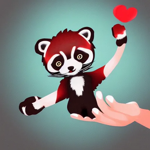 Prompt: friendly cartoon red panda waving hand, game art, arstation