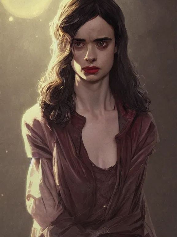 Prompt: old krysten ritter with grey hair as an actor from stranger things, intricate, highly detailed, digital painting, artstation, oppressive lighting, fashion concept art, sharp focus, illustration, art by greg rutkowski and alphonse mucha