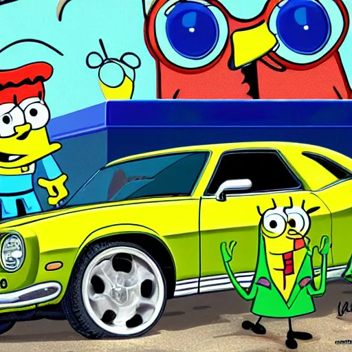 Image similar to spongebob squarepants washing a camaro, high detail,