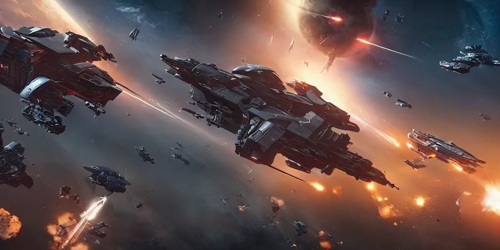 Prompt: an epic spaceship battle in low earth orbit between two waring factions, explosions. cinematic. stunning, gorgeous, intricate detail, much wow, masterpiece, 4 k.