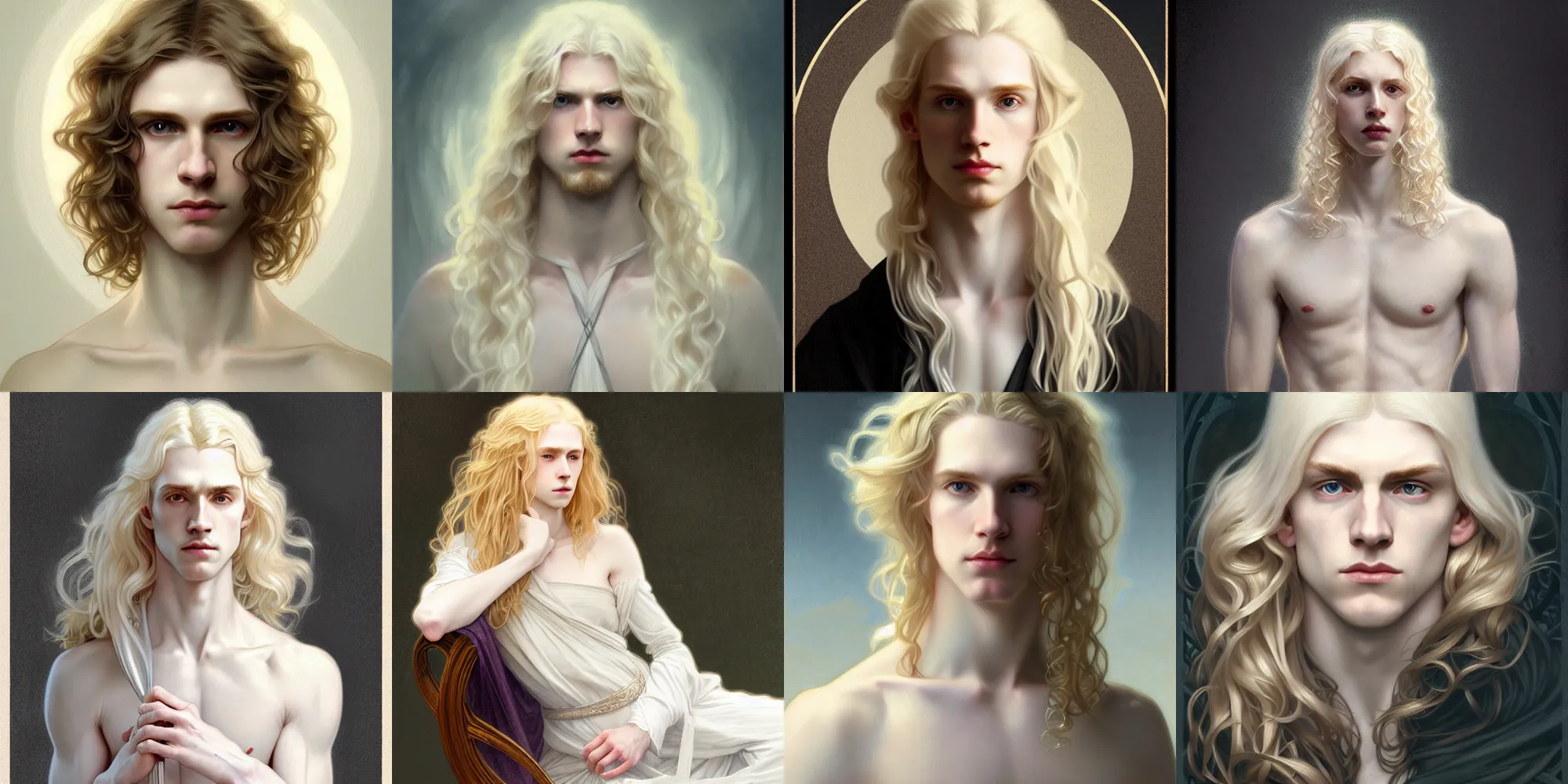 Prompt: pale blond androgynous irish young man, long curly blond hair, germanic features extremely pale white skin, historical, intricate, elegant, highly detailed, digital painting, artstation, concept art, matte, sharp focus, illustration, art by Artgerm and Greg Rutkowski and Alphonse Mucha, 4K