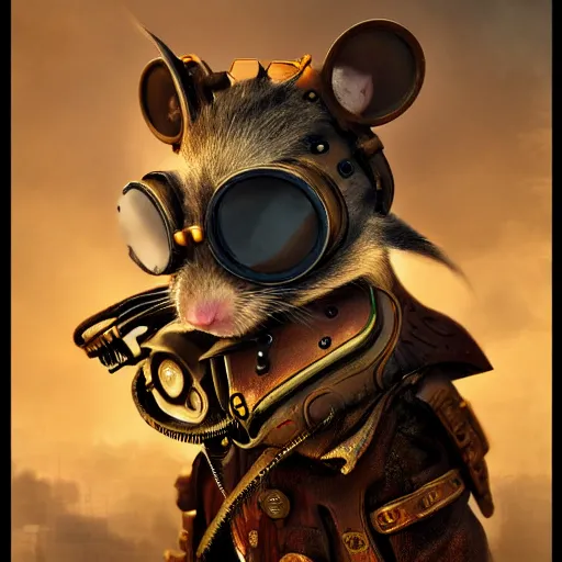 Image similar to rat warrior with steampunk goggles, clockwork, octane render, epic, cinematic, psychedelic, lsd, by ruan jia