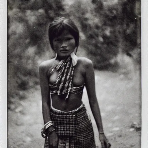 Image similar to 3 5 mm vintage portrait polaroid picture of nepali village girl posing for playboy photoshoot