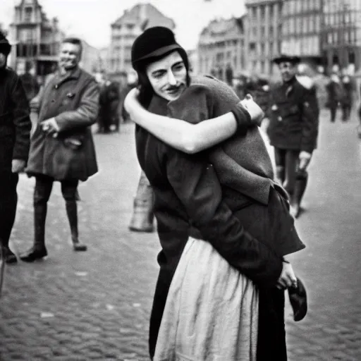 Image similar to Anne Frank hugging Hitler on Dam Square, war photography,