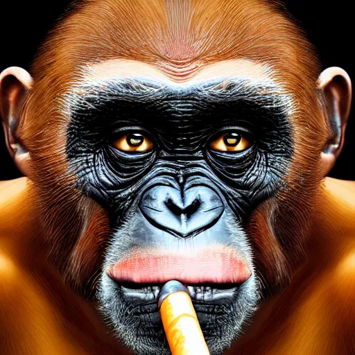 Image similar to a high detail photo of donald trump smoking a cigarrette, subject= chimp, subject detail: extremly detailed, subject action: smoking a cigar, photorealism, dramatic lighting, award winning photograph, trending on artstation