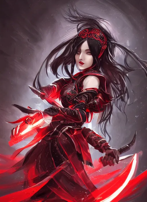 Image similar to a highly detailed illustration of elegant hime cut long black haired woman wearing red and black battle dress, heroically wielding black blade pose, with red magic surrounding her, intricate, elegant, highly detailed, centered, digital painting, artstation, concept art, smooth, sharp focus, league of legends concept art, WLOP