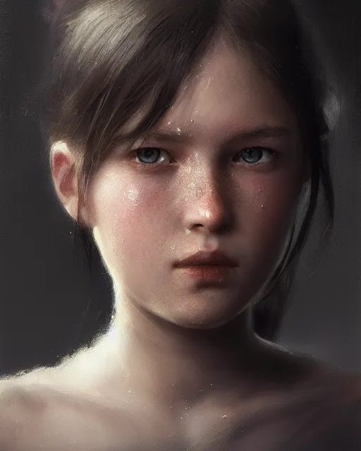 Image similar to A head and shoulder portrait of a young girl by Greg Rutkowski, Sung Choi, Mitchell Mohrhauser, Maciej Kuciara, Johnson Ting, Maxim Verehin, Peter Konig, final fantasy, 8k photorealistic, cinematic lighting, HD, high details, dramatic, dark atmosphere, trending on artstation