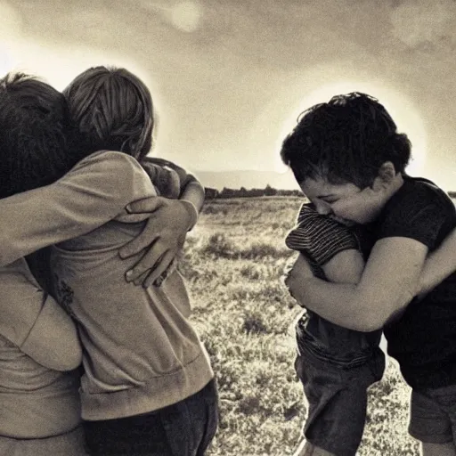 Image similar to A family hugging each other, apocalyptic nuclear explosion in the background