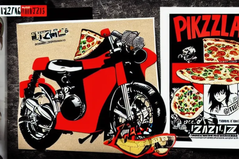 Image similar to italian pizza, akira's motorcycle, gorillaz, flyer, kid drawn