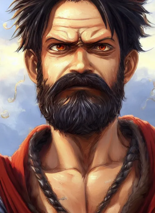 Image similar to luffy as _ fantasy _ style _ portrait _ painting _ of middle eastern male brown wavy hair beard, rpg dnd oil _ painting _ unreal _ 5 _ daz. _ rpg _ portrait _ extremely _ detailed _ artgerm _ greg _ rutkowski _ greg