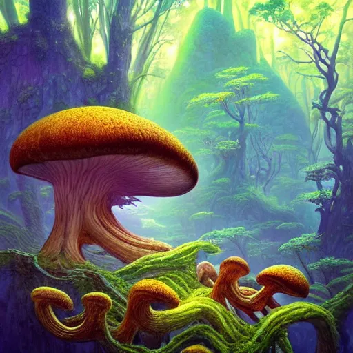 Image similar to “large intertwined chanterelle mushrooms in a magical forest by tyler edlin, acid wave colors, roger dean”