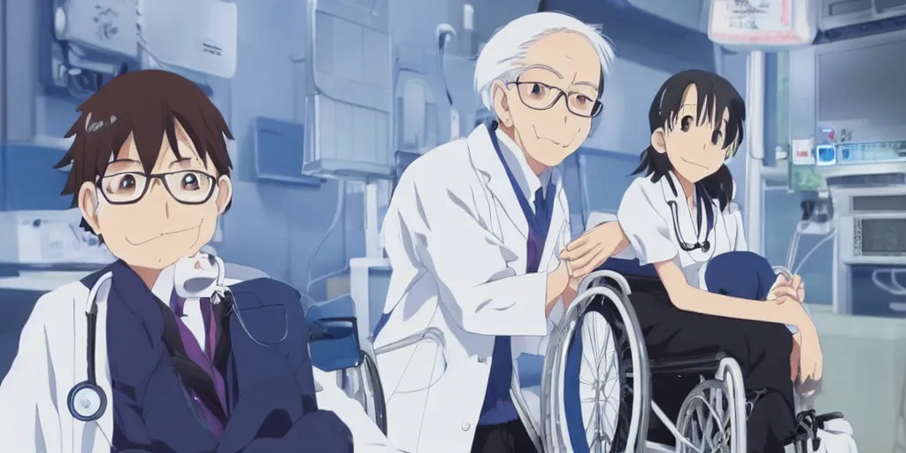 Prompt: a cute young female doctor wearing white coat, an old man of 80 years in a wheelchair, hospital ward, slice of life anime, cinematic, realistic, anime scenery by Naoshi Arakawa:8 and Makoto shinkai