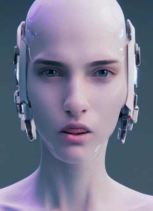 Prompt: white one cast futuristic biomechanics futuristic humanoid, pretty face, beautiful female, futuristic, neon lights, cyberpunk, 8 k, digital painting, by beeple and makoto shinkai, trending on cg society, glamour pose, high fashion, photorealistic, hyper realistic, environmental portrait, ambient occlusion render