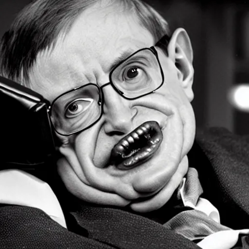 Prompt: stephen hawking spilling glowing goblin snot down his chin onto his suit