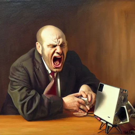 Image similar to an angry man yells at his computer monitor, oil on canvas, highly detailed, high resolution