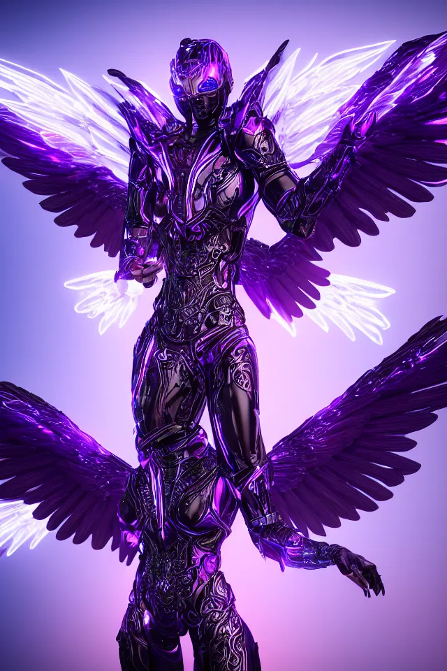 Image similar to a photo of 8k ultra realistic archangel with 6 wings, full body, intricate purple and blue neon armor, ornate, cinematic lighting, trending on artstation, 4k, hyperrealistic, focused, high details, unreal engine 5, cinematic