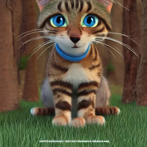 Prompt: pixar movie, brown tabby cat, 3 d, cute pixar _ tabby _ cat in a forest