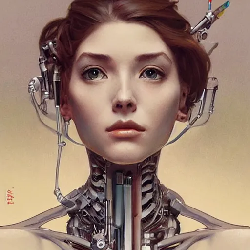 Image similar to female robot, chrome, holding paintbrush, incredibly detailed face, pretty face, true anatomy, art by artgerm and greg rutkowski and alphonse mucha