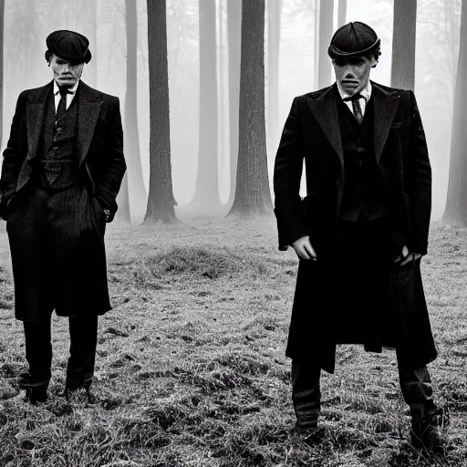 Prompt: medium long shot, 3 / 4 shot, full body picture of cillian murphy and tom hardy posing, sharp eyes, serious expressions, detailed and symmetric faces, in the style of peaky blinders, detailed, black and white, misty woods, epic photo by talented photographer ansel adams