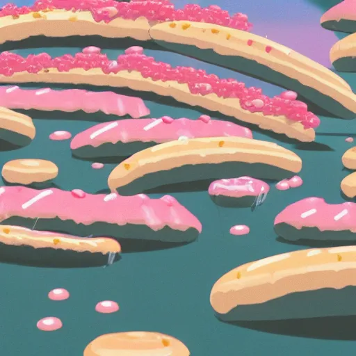 Image similar to raining donuts on a city in a studio ghibli animation