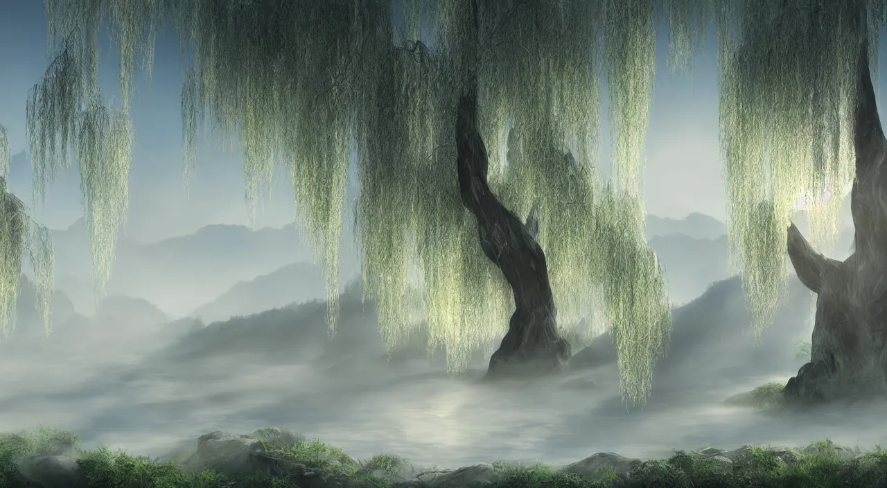 Image similar to photorealistic matte painting misty weeping willow overgrowth undergrowth jagged rock features volumetric fog light rays high contrast dawn mr burns