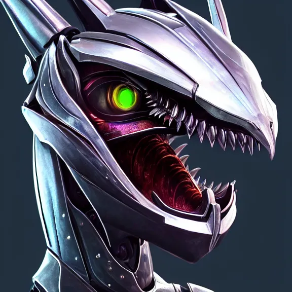 Image similar to close up headshot of a cute beautiful stunning anthropomorphic female robot dragon, with sleek silver metal armor, glowing OLED visor, facing the camera, high quality maw open and about to eat your pov, food pov, the open maw being highly detailed and soft, highly detailed digital art, furry art, anthro art, sci fi, warframe art, destiny art, high quality, 3D realistic, dragon mawshot, maw art, pov furry art, furry mawshot, macro art, dragon art, Furaffinity, Deviantart, Eka's Portal, G6