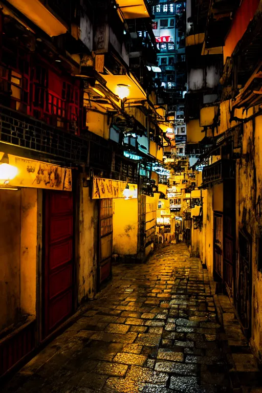 Prompt: an interior view of an old walled city in Hong Kong, colorful, dated and old, dark moody lighting, night, very detailed, photoreal, 8k, canon 20mm lens