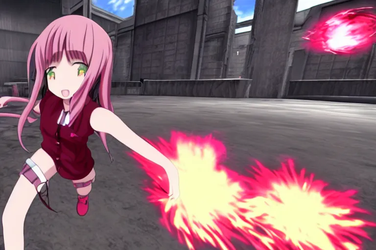 Image similar to an anime girl in a screenshot of the video game doom, the anime girl is running