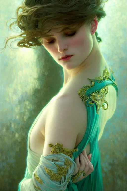 Image similar to pale teal, fantasy, intricate, elegant, dramatic lighting, emotionally evoking symbolic metaphor, highly detailed, lifelike, photorealistic, digital painting, artstation, concept art, smooth, sharp focus, illustration, art by John Collier and Albert Aublet and Krenz Cushart and Artem Demura and Alphonse Mucha