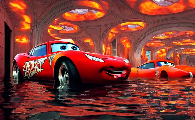 Prompt: lightning mcqueen from cars in a flooded fractal hallway, romance novel cover, in 1 9 9 5, y 2 k cybercore, low - light photography, still from a ridley scott pixar movie