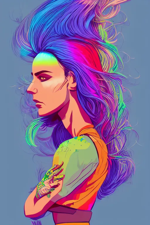 Image similar to a award winning half body portrait of a beautiful woman with stunning eyes in a printed croptop and cargo pants with rainbow colored ombre hairstyle head in motion and hair flying by josan gonzales, outrun, vaporware, shaded flat illustration, digital art, trending on artstation, highly detailed, fine detail, intricate