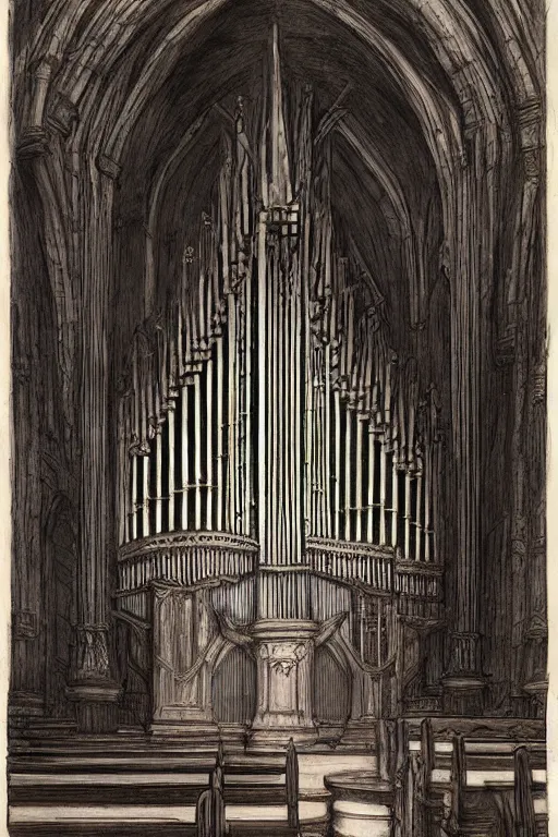 Image similar to a gothic pipe organ, graphic novel style by alan lee and john howe