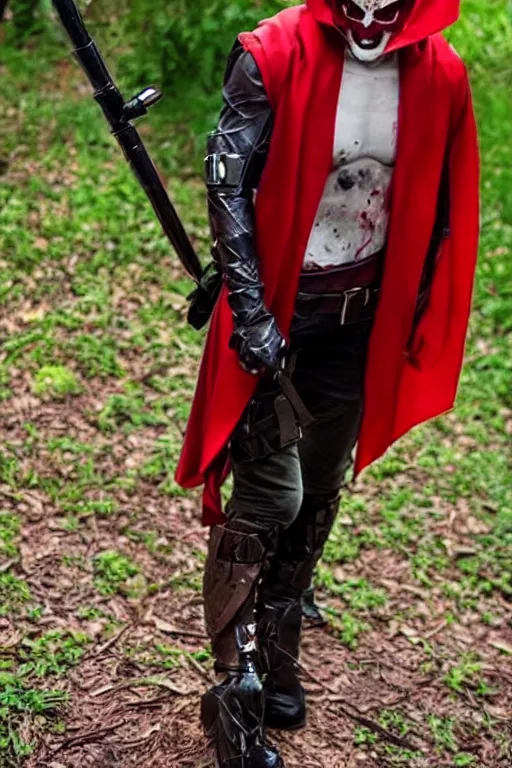 Image similar to red hood cosplay, creepy, disturbing, bloody