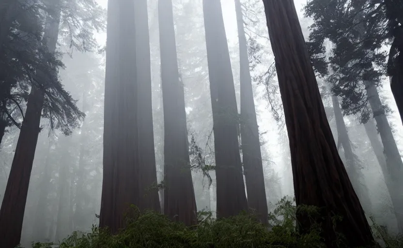 Image similar to 12 ft tall, faceless Slenderman standing in the forest, redwood sequoia trees, ominous foggy environment, best of artstation