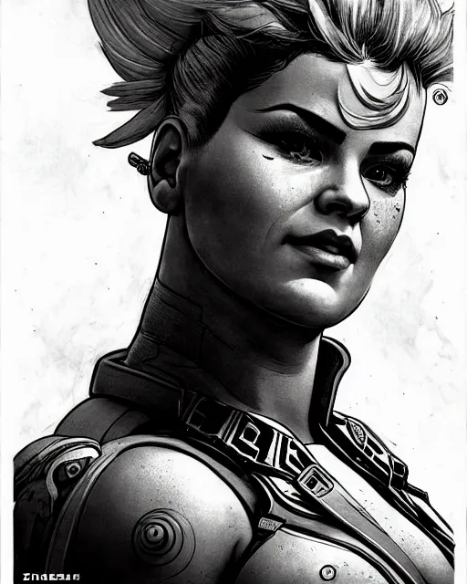 Prompt: zarya from overwatch, character portrait, portrait, close up, concept art, intricate details, highly detailed, vintage sci - fi poster, retro future, in the style of chris foss, rodger dean, moebius, michael whelan, and gustave dore