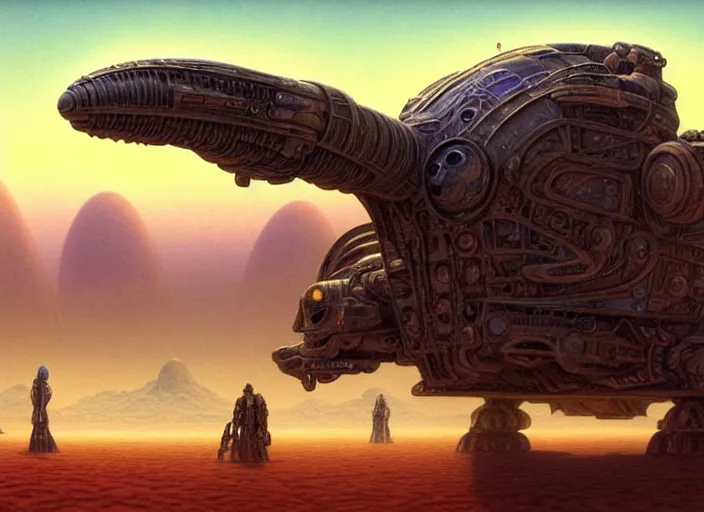 Image similar to space caravan on an alien desert, intricate, elegant, highly detailed animal, digital painting, artstation, concept art, smooth, sharp focus, illustration, art by artgerm, bob eggleton, michael whelan, stephen hickman, richard corben, wayne barlowe, trending on artstation and greg rutkowski and alphonse mucha, 8 k