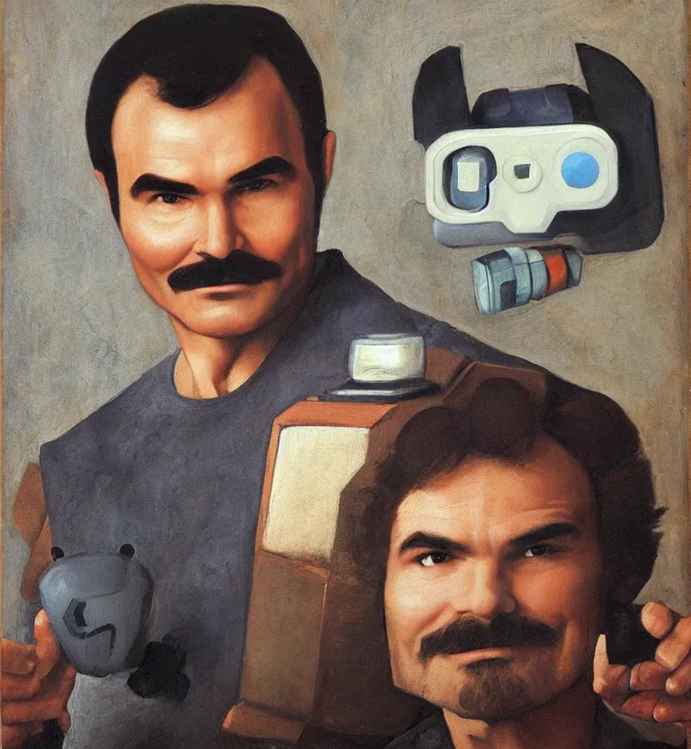 Prompt: oil painting half-length portrait of burt Reynolds holding the companion cube and a portal gun, by Leonardo da Vinci