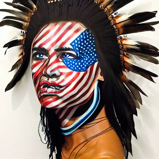 Image similar to a beautiful portrait sculpture designed by Sandra Chevrier, American Indian head dress, American stars and stripes on face