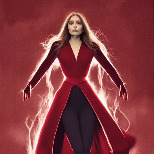 Prompt: symmetrical scarlet played by elizabeth olsen witch levitating with red powers, amazingly beautiful artwork