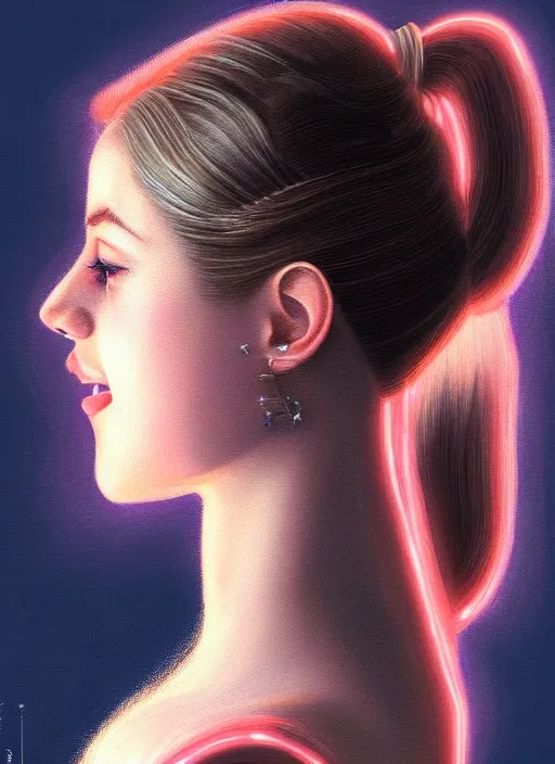 Image similar to portrait of teenage lili reinhart with bangs, smiling kindly, bangs, 1 9 6 0 s, ponytail, bangs and ponytail, intricate, elegant, glowing lights, highly detailed, digital painting, artstation, concept art, smooth, sharp focus, illustration, art by wlop, mars ravelo and greg rutkowski