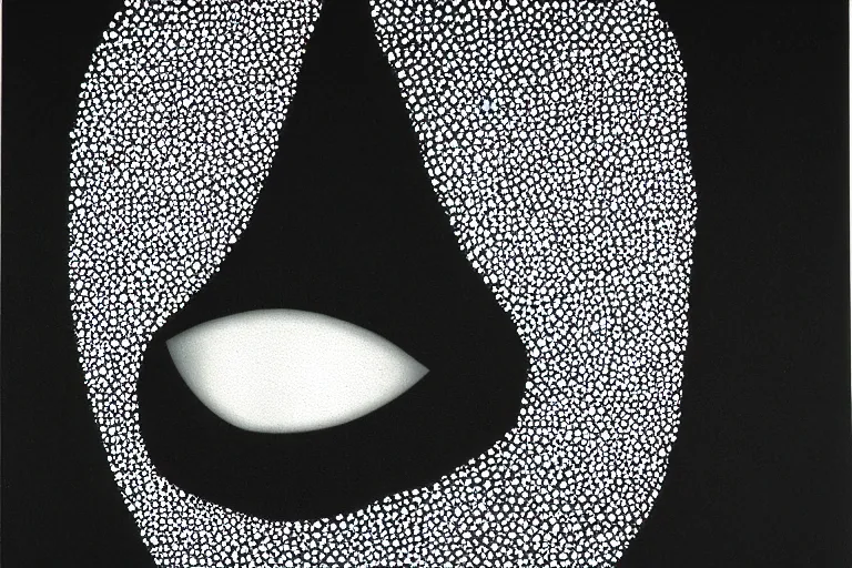 Image similar to black figure with white eyes, faceless people dark, dots, drip, stipple, pointillism, technical, abstract, minimal, style of francis bacon, asymmetry, pulled apart, cloak, hooded figure, made of dots, abstract, balaclava, colored dots