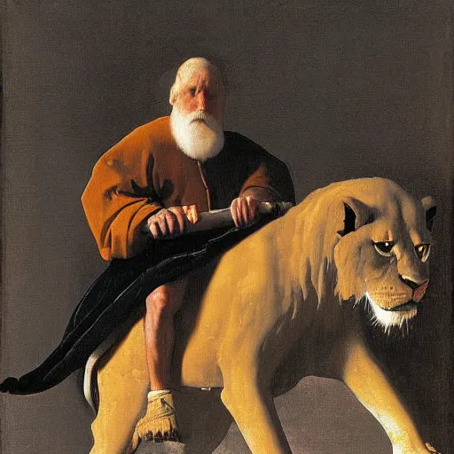 Image similar to old man ( wise long white beard wearing a hooded tunic ) riding on lions back by vermeer