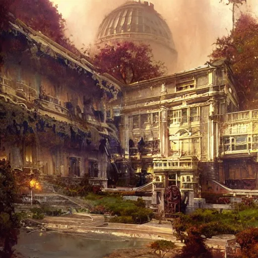 Image similar to detailed cinematic wide shot of the futuristic diselpunk rendition of the white house that has existed millions of years into the future where humans evolved to be solarpunk, ultra realistic, spring light, painting by gaston bussiere, craig mullins, j. c. leyendecker