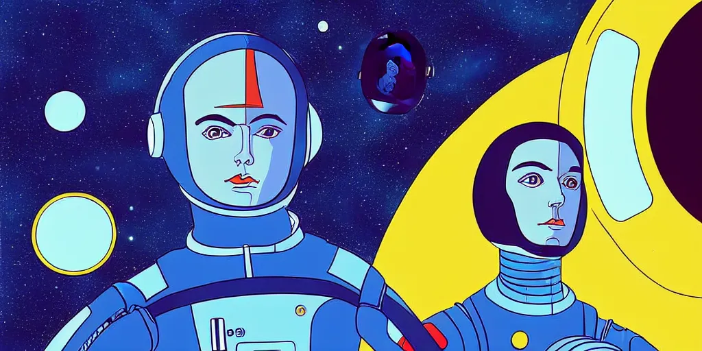 Prompt: a portrait of lonely single Alain Delon alone pilot in spacesuit posing in symmetrical spaceship station landing laying lake artillery porthole outer worlds hyper contrast in FANTASTIC PLANET La planète sauvage animation by René Laloux