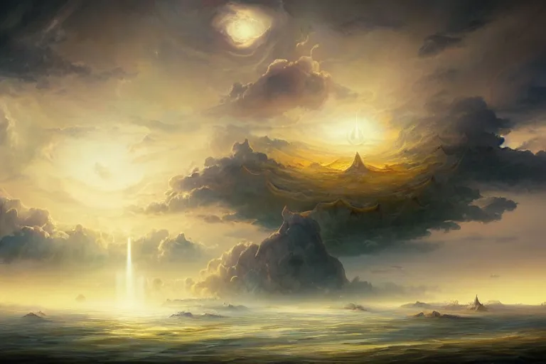 Image similar to surrealist landscape of islands floating away in concentric cycles into a celestial skyscape. a psychological dream matte digital painting by peter mohrbacher and dali. fibonacci composition, god rays, vivid tones.